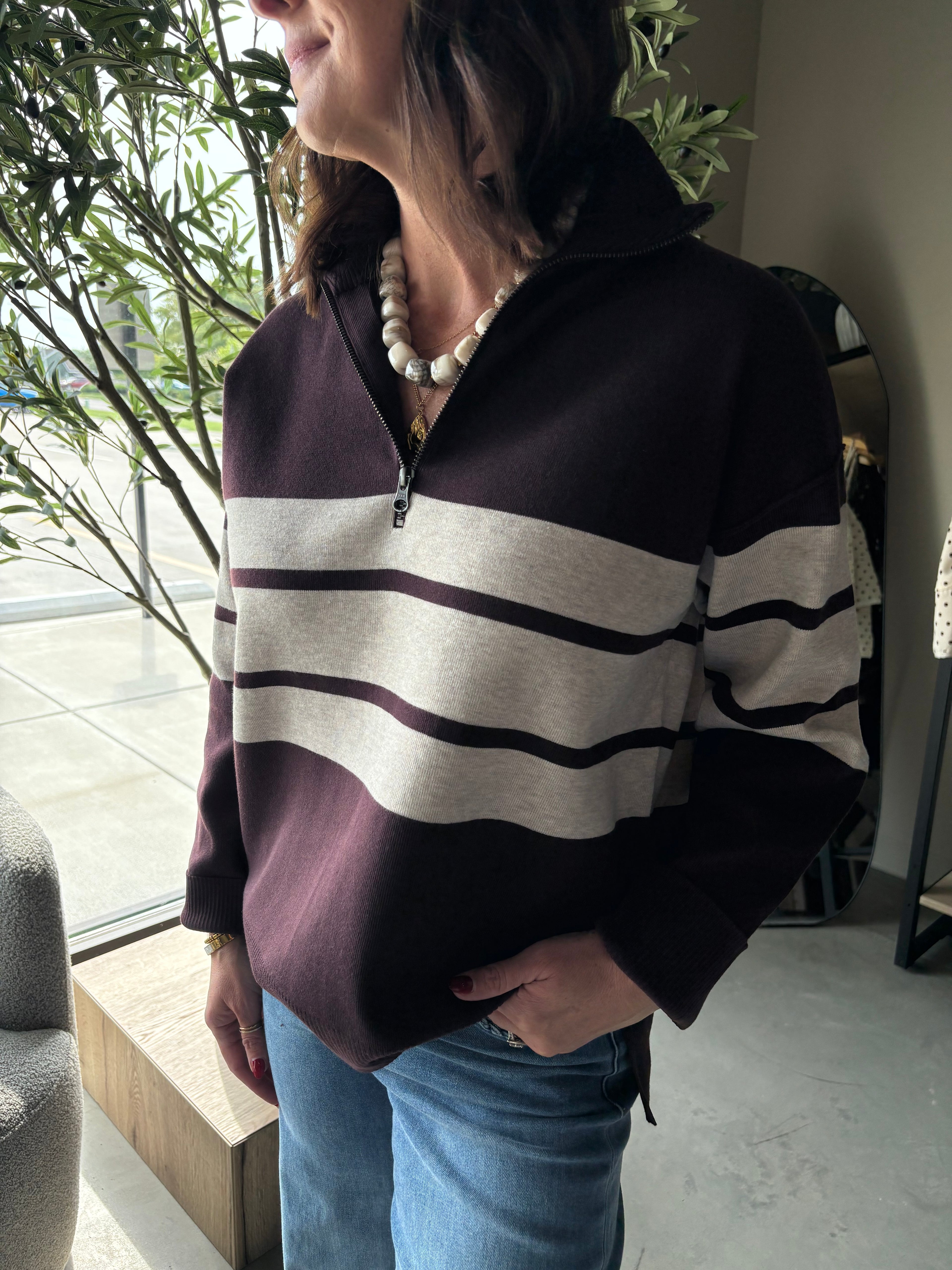 Idris Fig Striped Quarter Zip