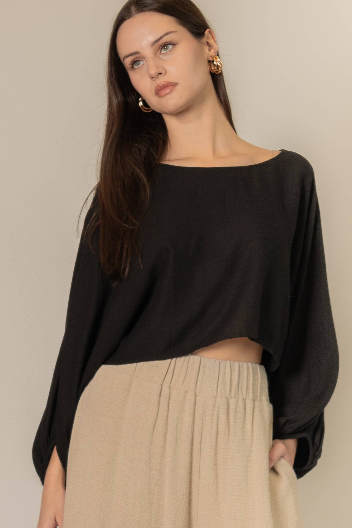Cropped Linen Long Sleeve Black