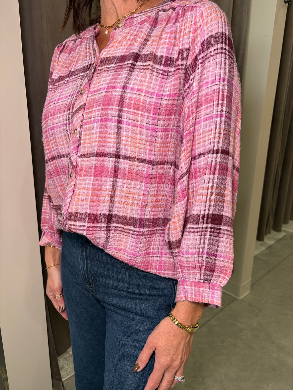 Wide Sleeve Plaid Blouse