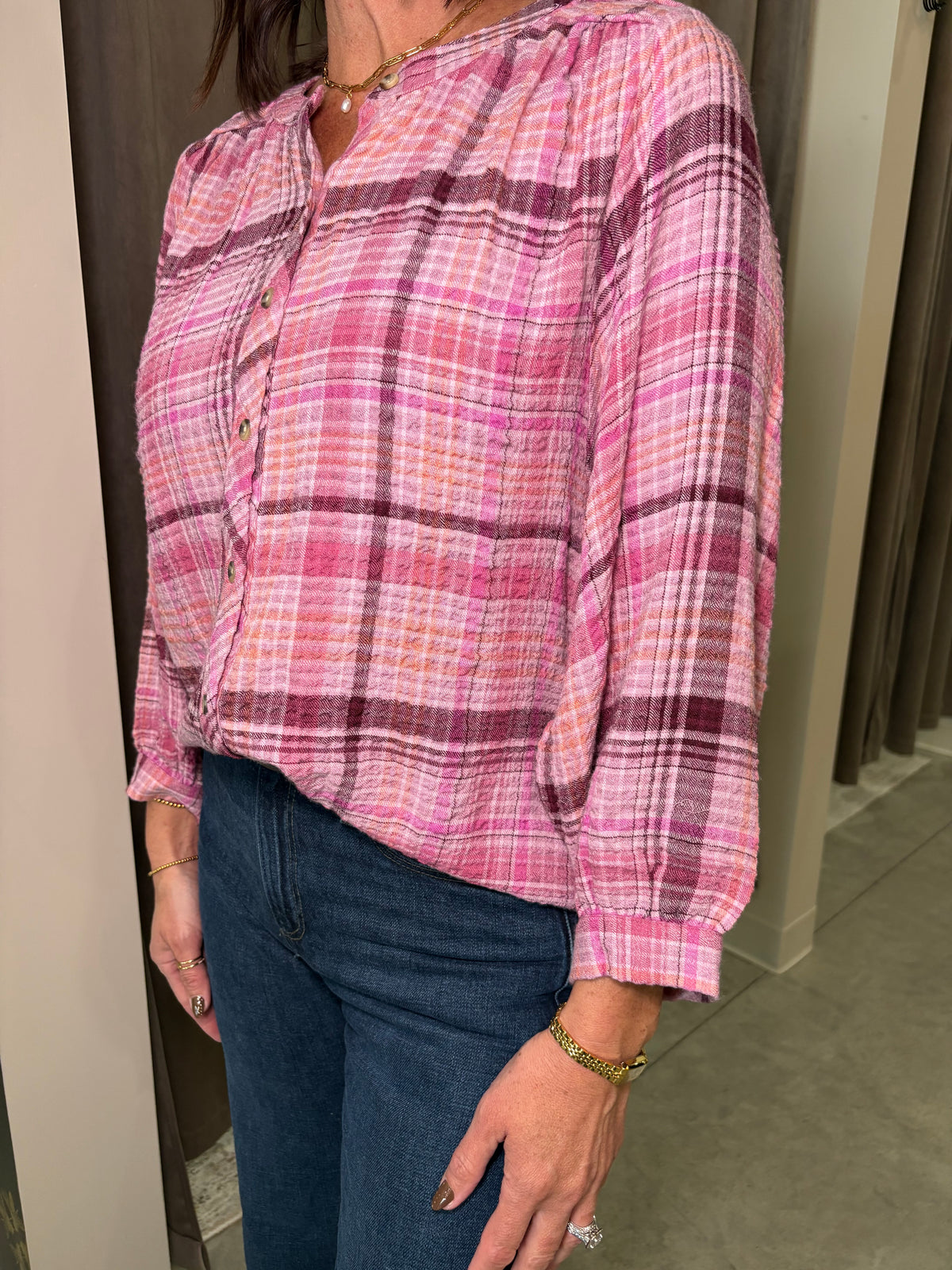 Wide Sleeve Plaid Blouse