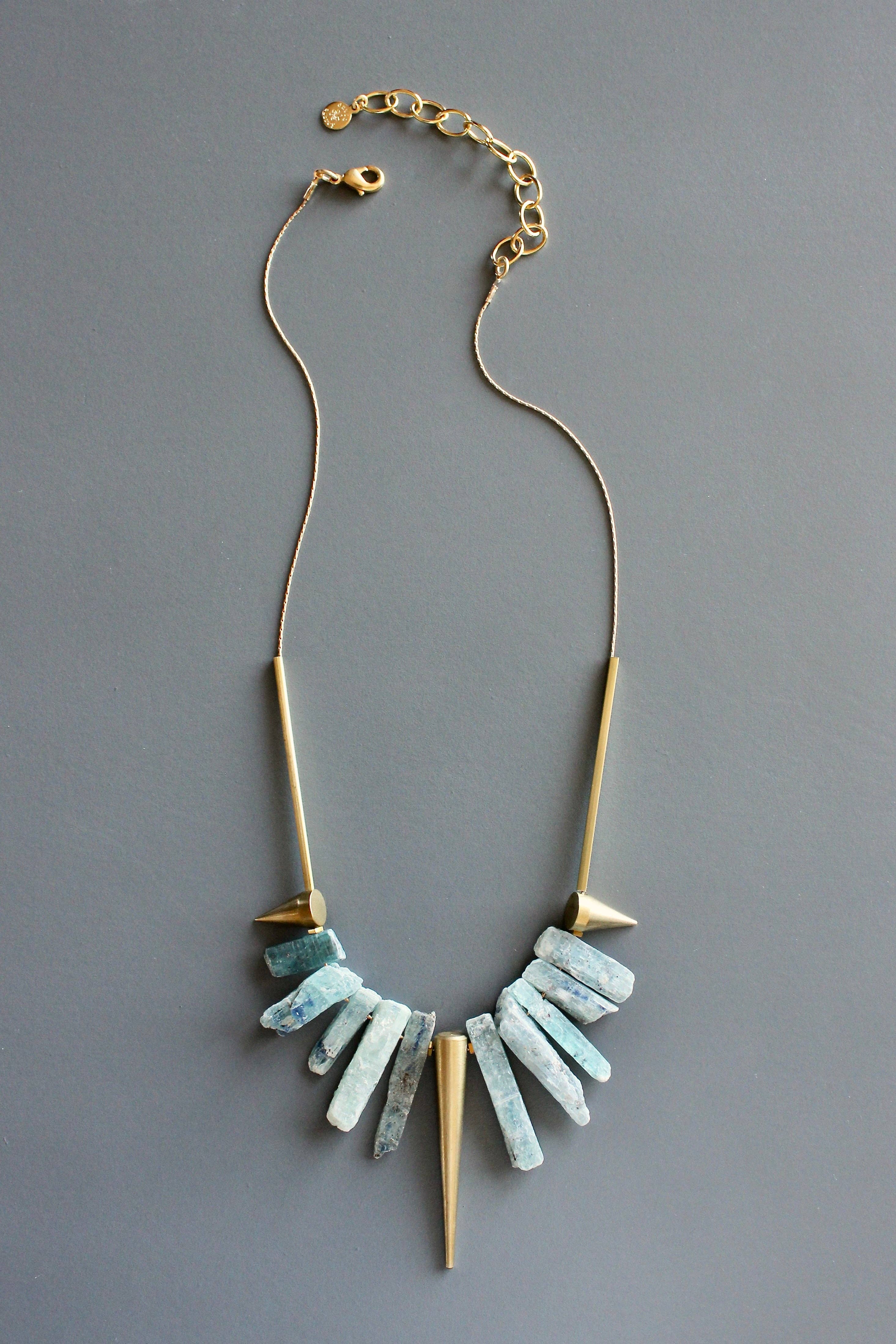 Kyanite and brass geometric necklace