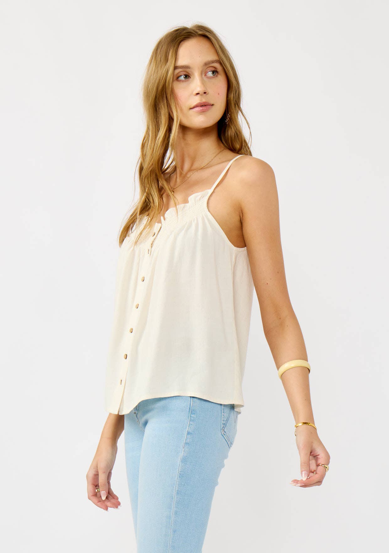 Smocked Spaghetti Strap Button-Down