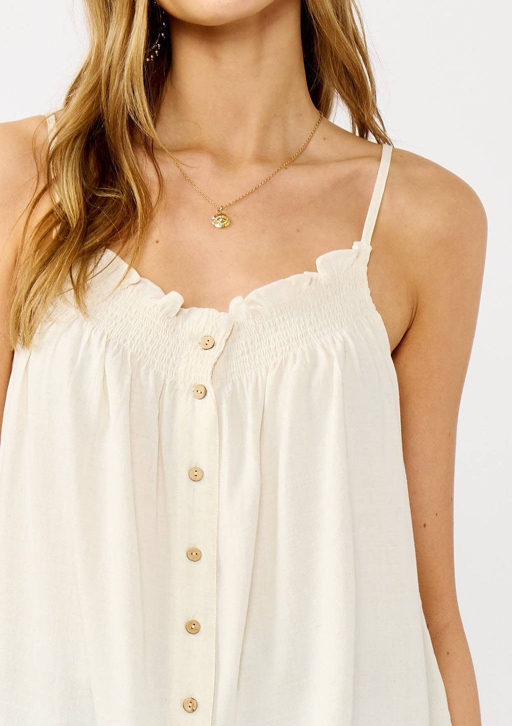 Smocked Spaghetti Strap Button-Down