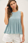 LINEN BLEND PLEATED SLEEVELESS TOP