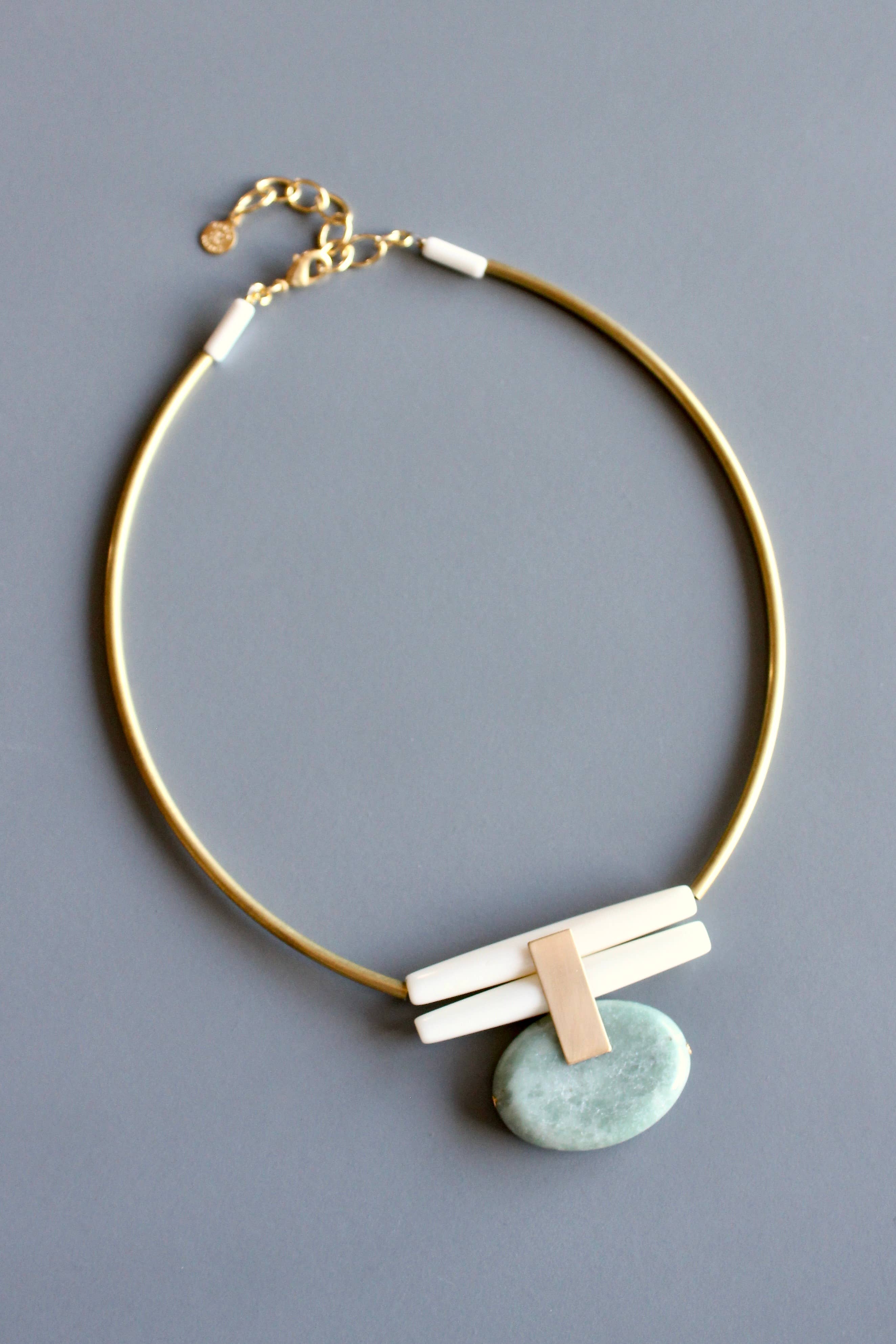 Green jasper and brass Ar tdeco necklace