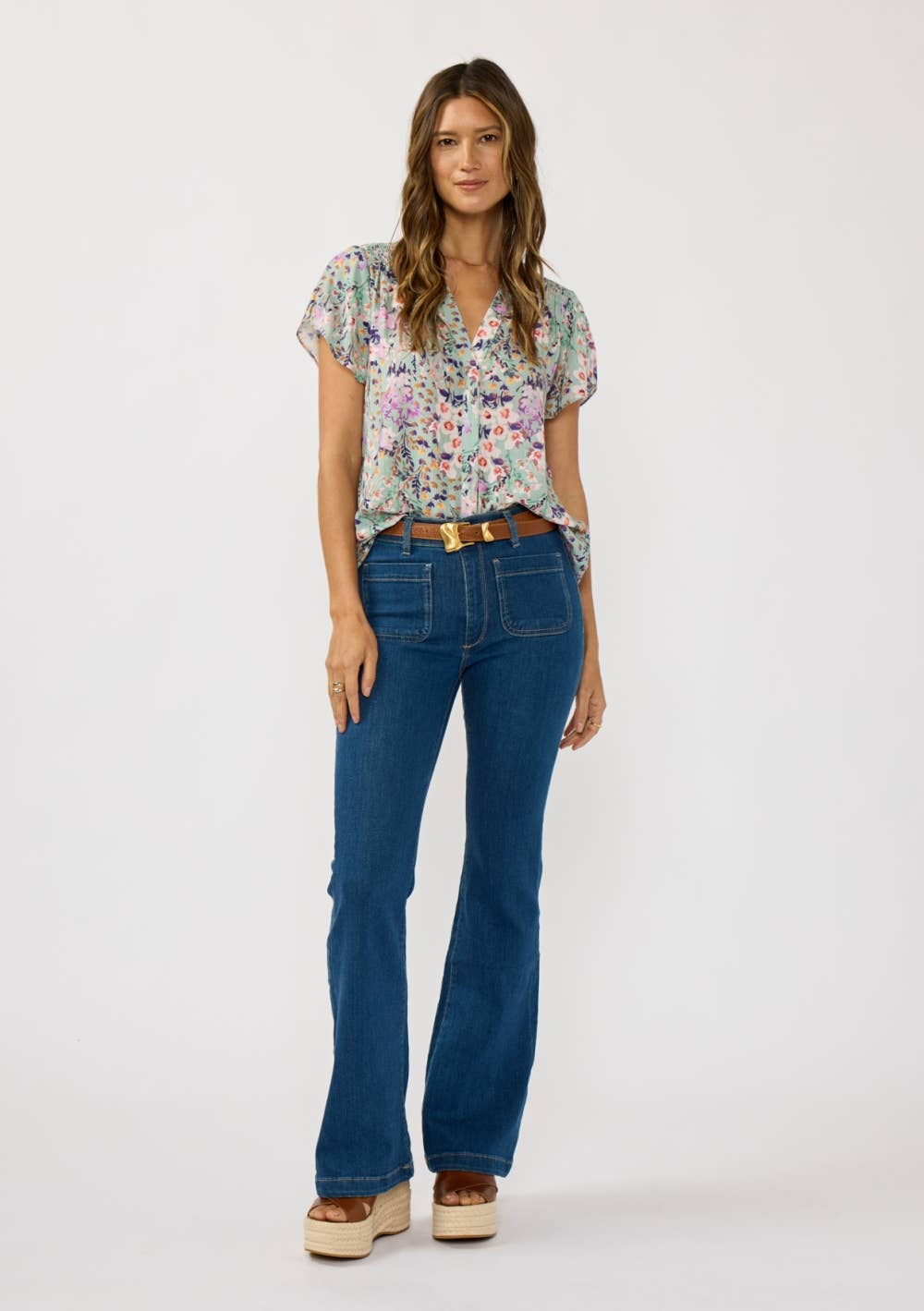 Flutter Sleeve Hidden Button Down Top
