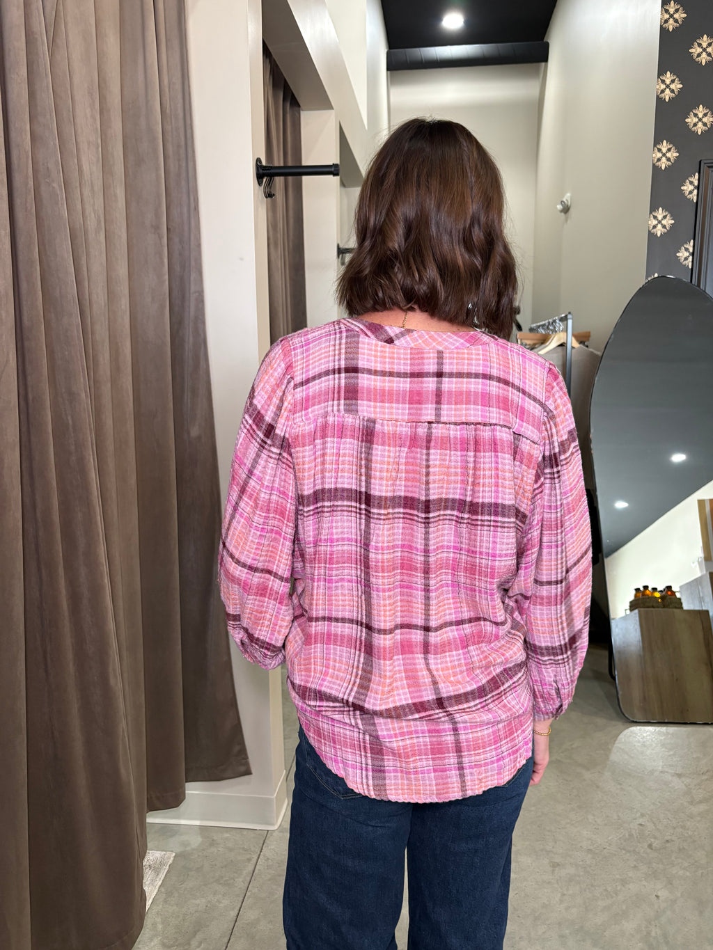 Wide Sleeve Plaid Blouse