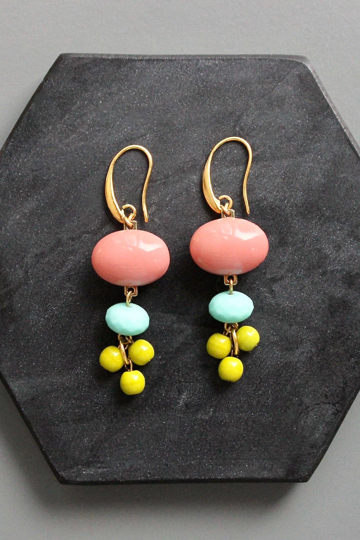 Coral glass and chartreuse earrings