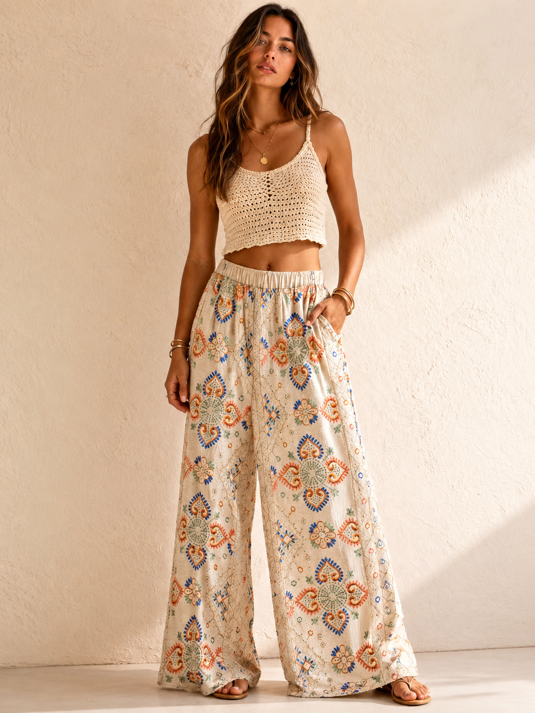Embroidered Mosaic Wide-Leg Pants