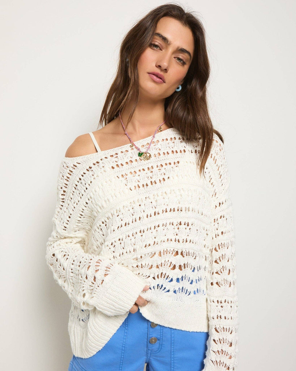 Sage Off Shoulder Pointelle Sweater: Off White