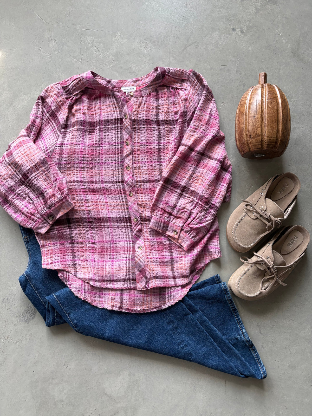 Wide Sleeve Plaid Blouse