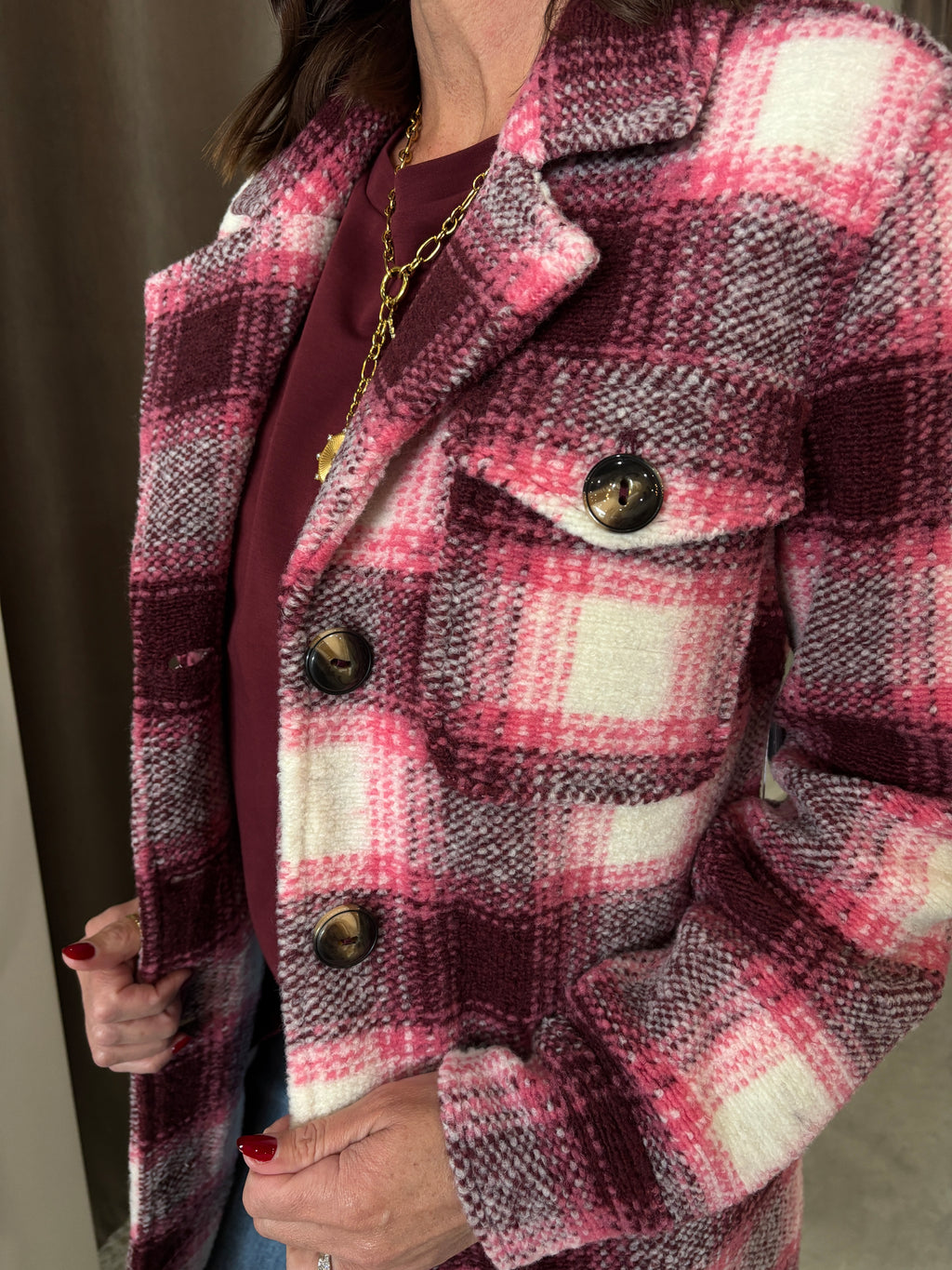 Plaid Collared Shacket Cherry Lacquer