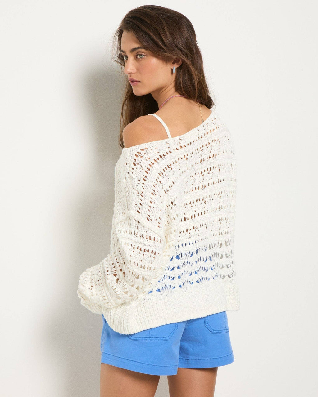 Sage Off Shoulder Pointelle Sweater: Off White
