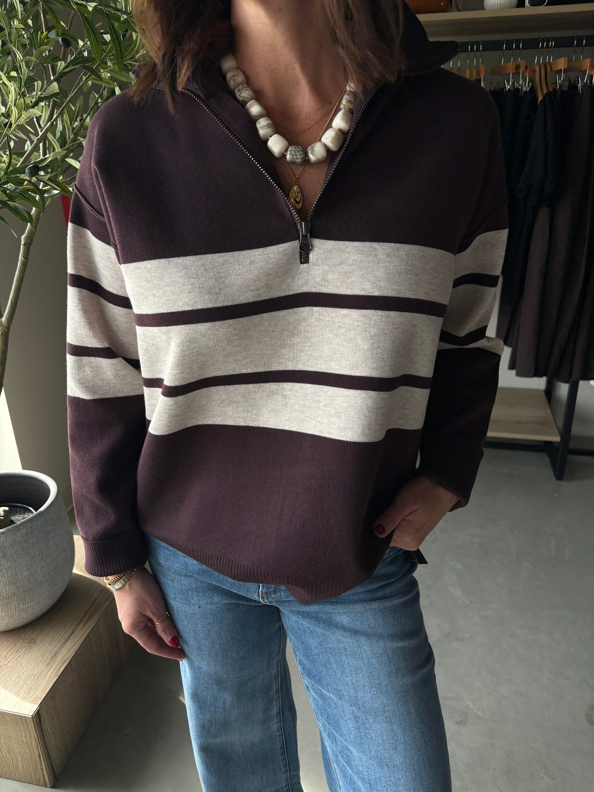 Idris Fig Striped Quarter Zip