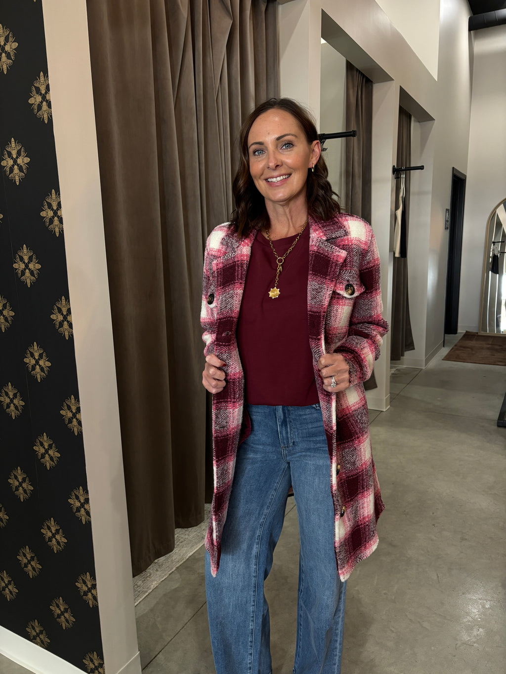 Plaid Collared Shacket Cherry Lacquer