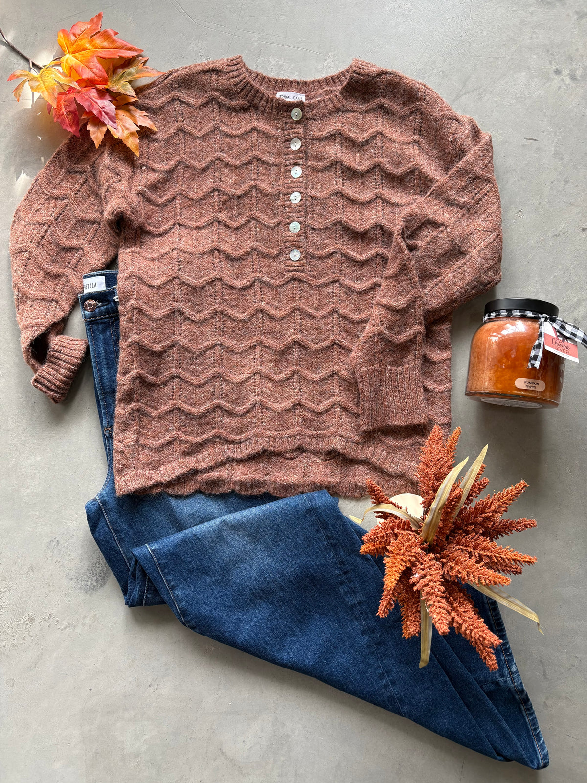 Henley Sweater w/Scallop Hem
