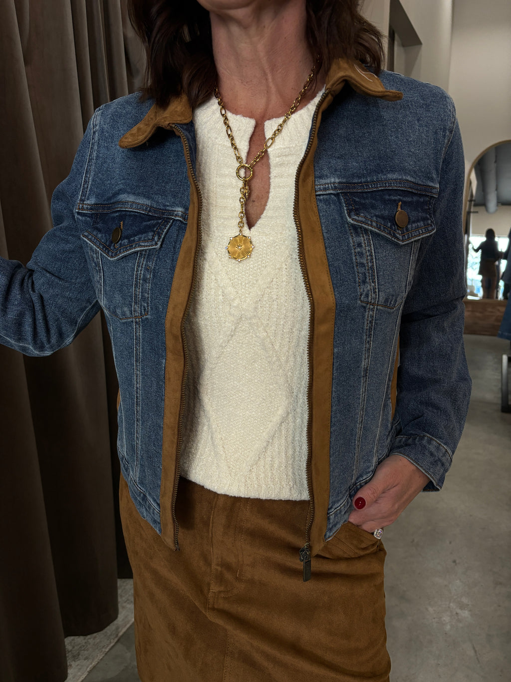 Denim Zip Jacket with Suede