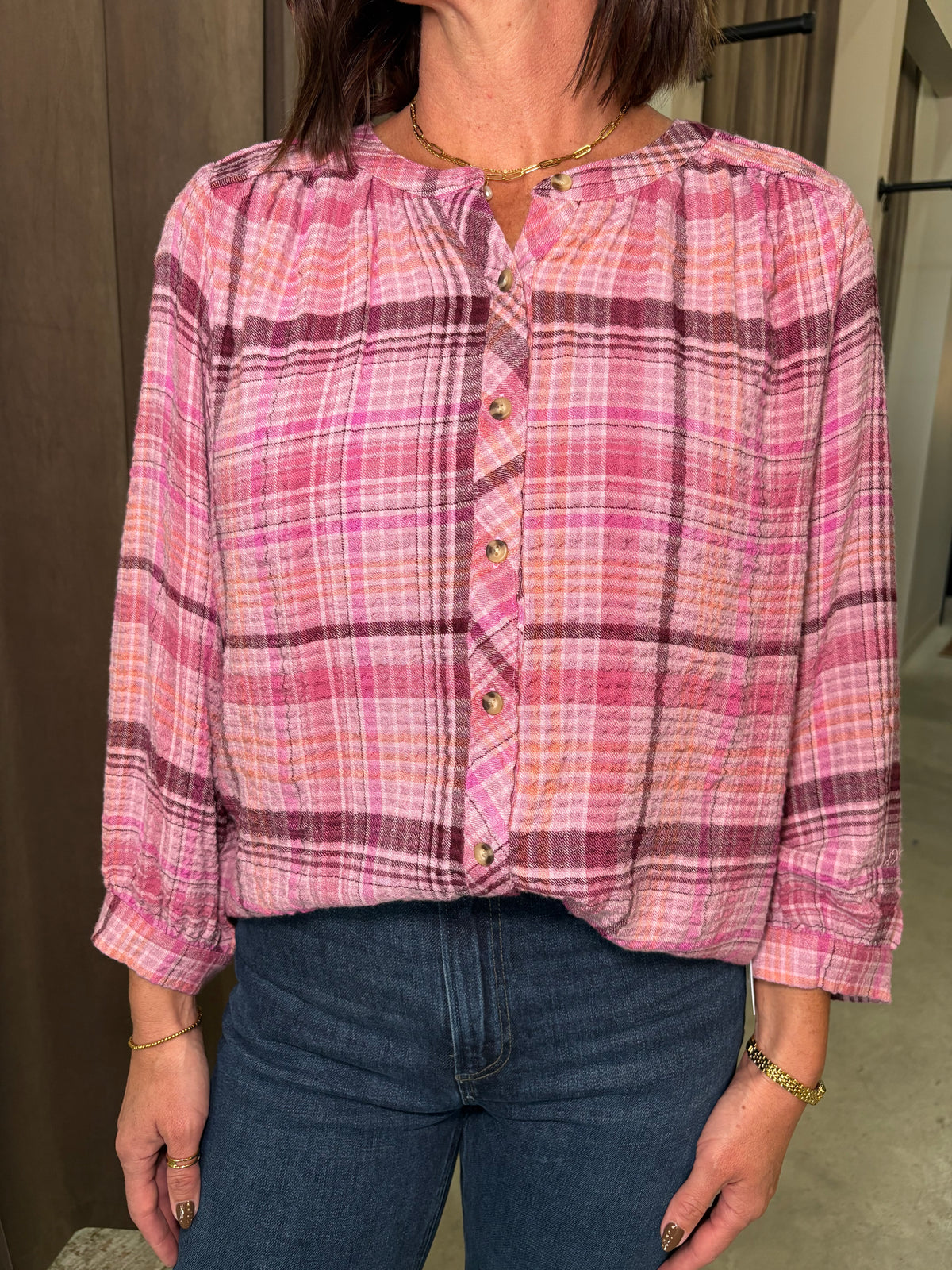 Wide Sleeve Plaid Blouse