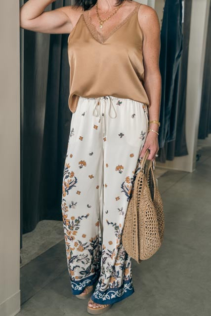 Floral Border Print Satin Pants