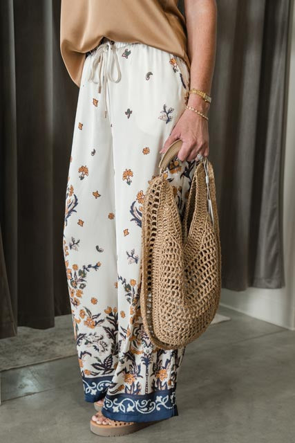 Floral Border Print Satin Pants