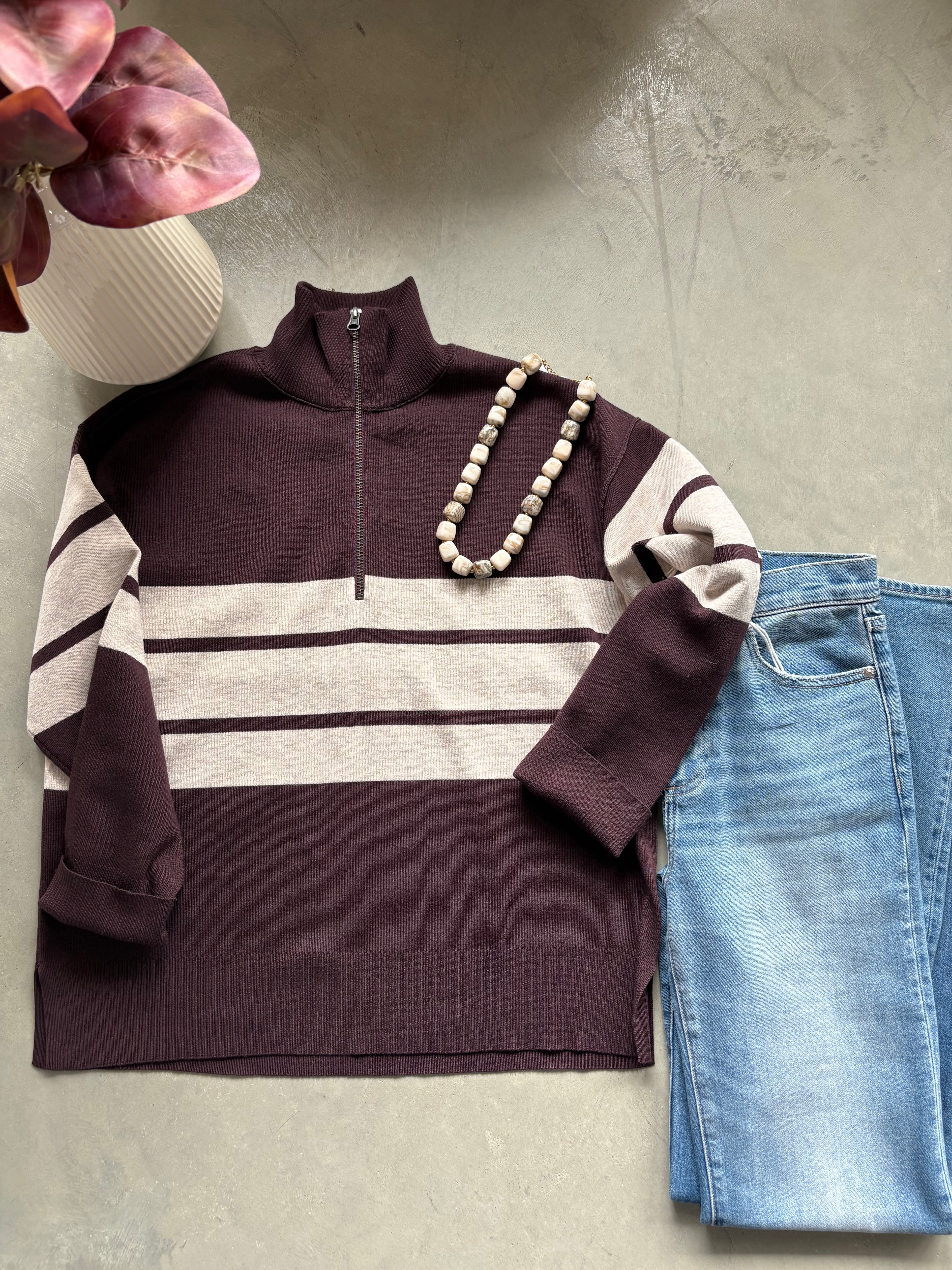 Idris Fig Striped Quarter Zip