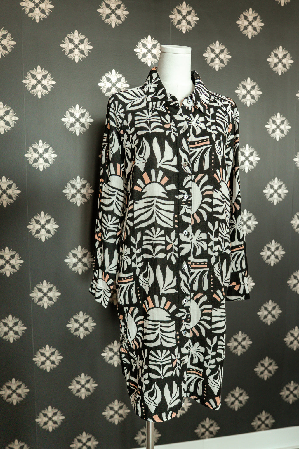 Black Rolled Button Long Sleeve Dress