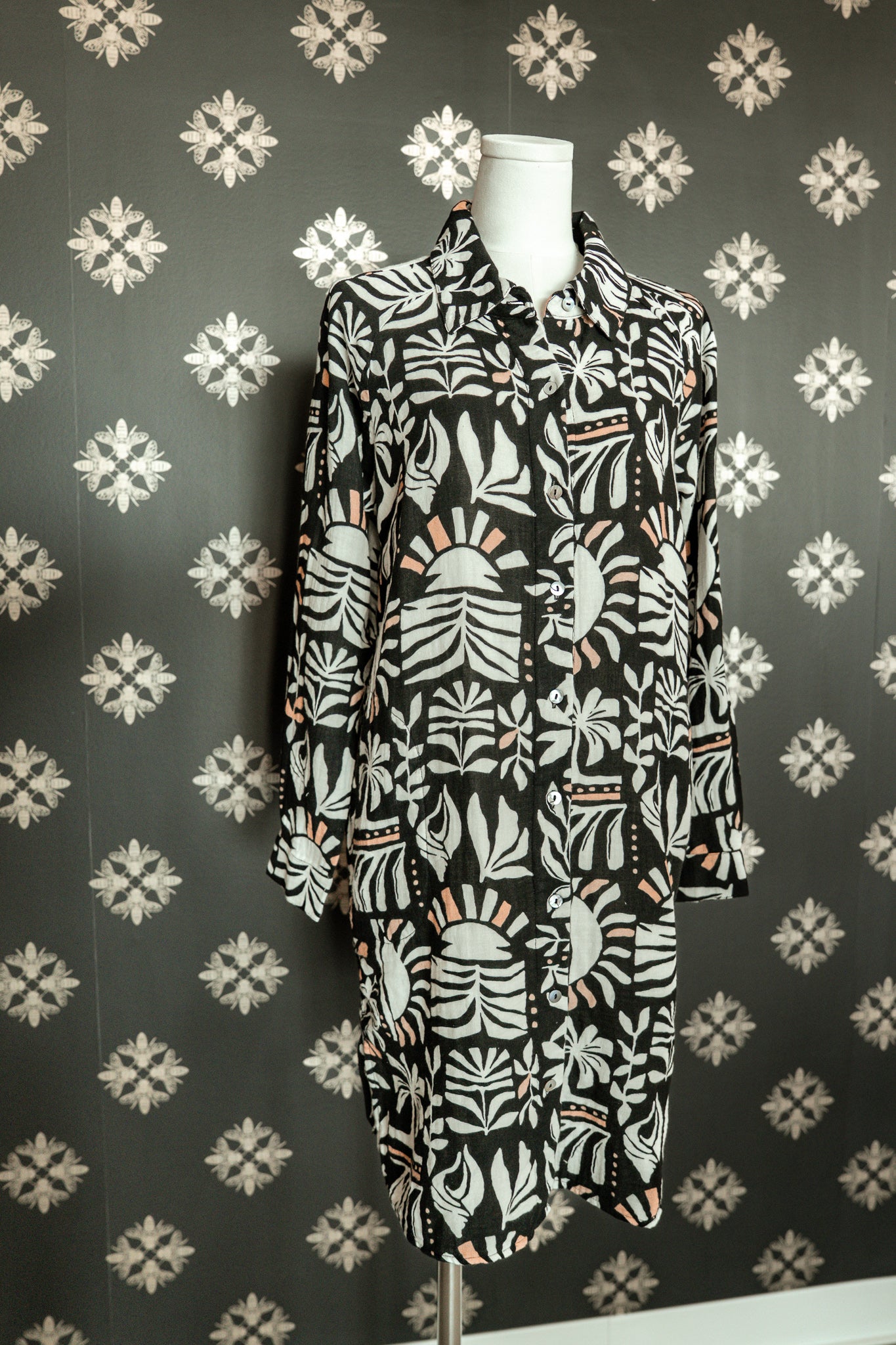Black Rolled Button Long Sleeve Dress