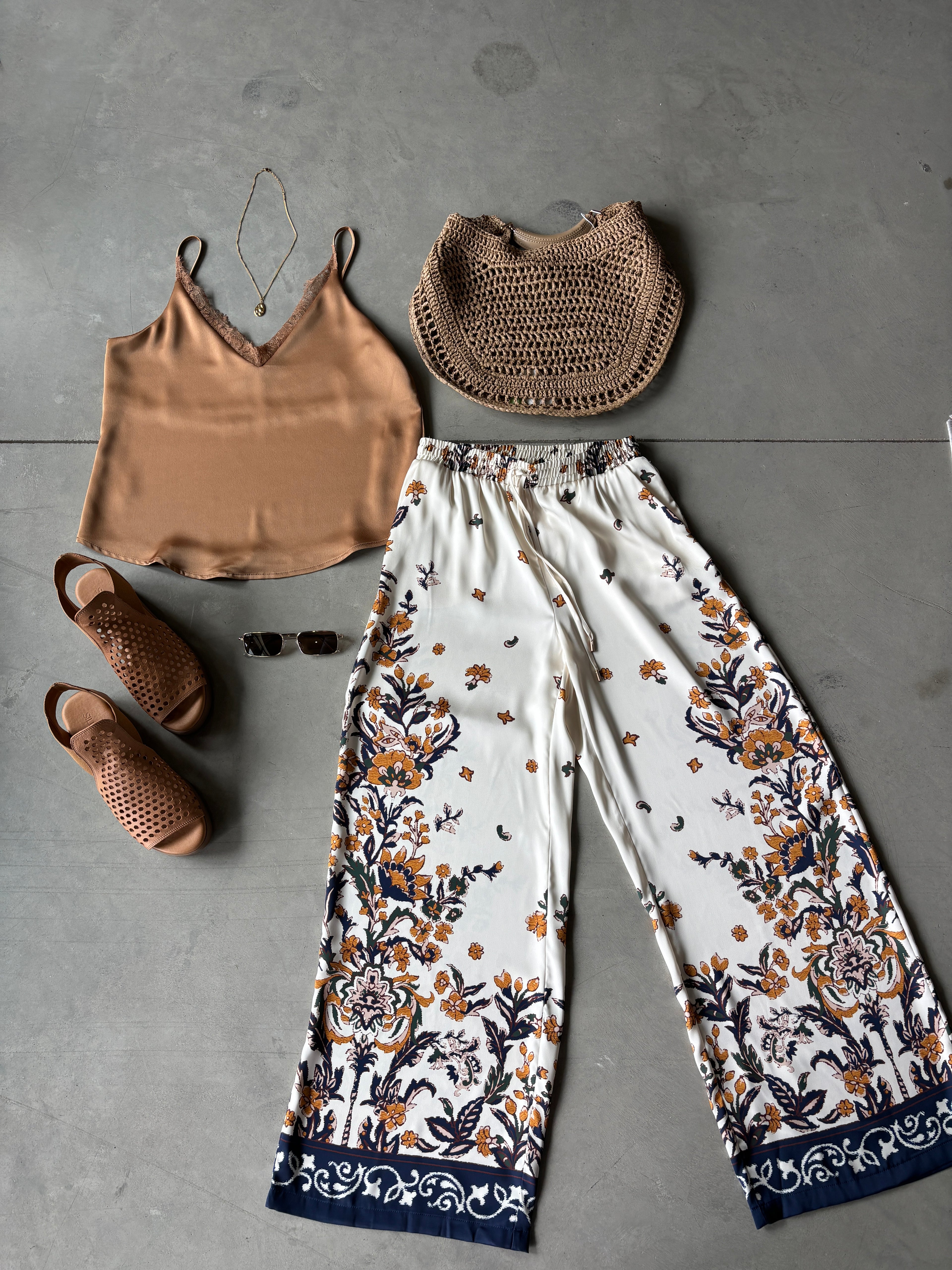Floral Border Print Satin Pants