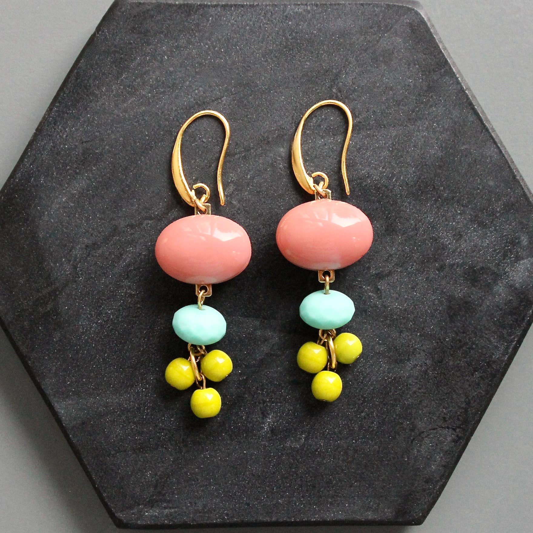 Coral glass and chartreuse earrings