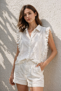 Eyelet Button Front Ruffle Blouse