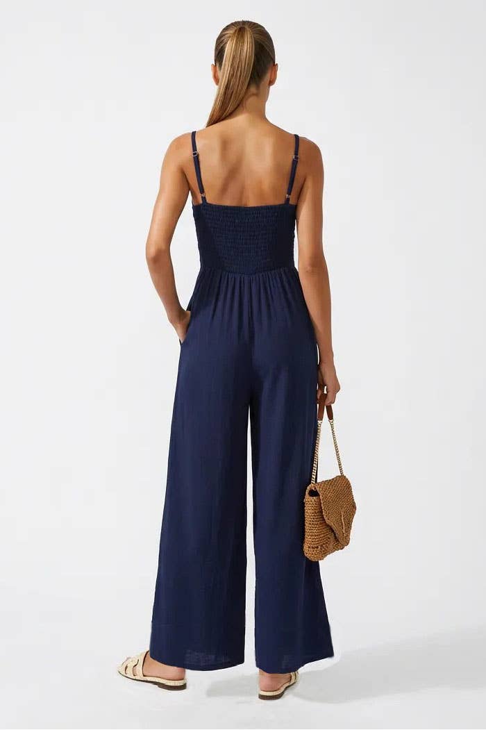 Navy Shirred Jumpsuit