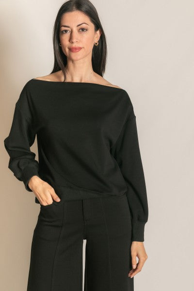 Black Off Shoulder Boat Neck Long sleeve