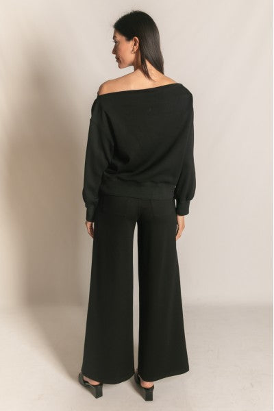 Black Off Shoulder Boat Neck Long sleeve