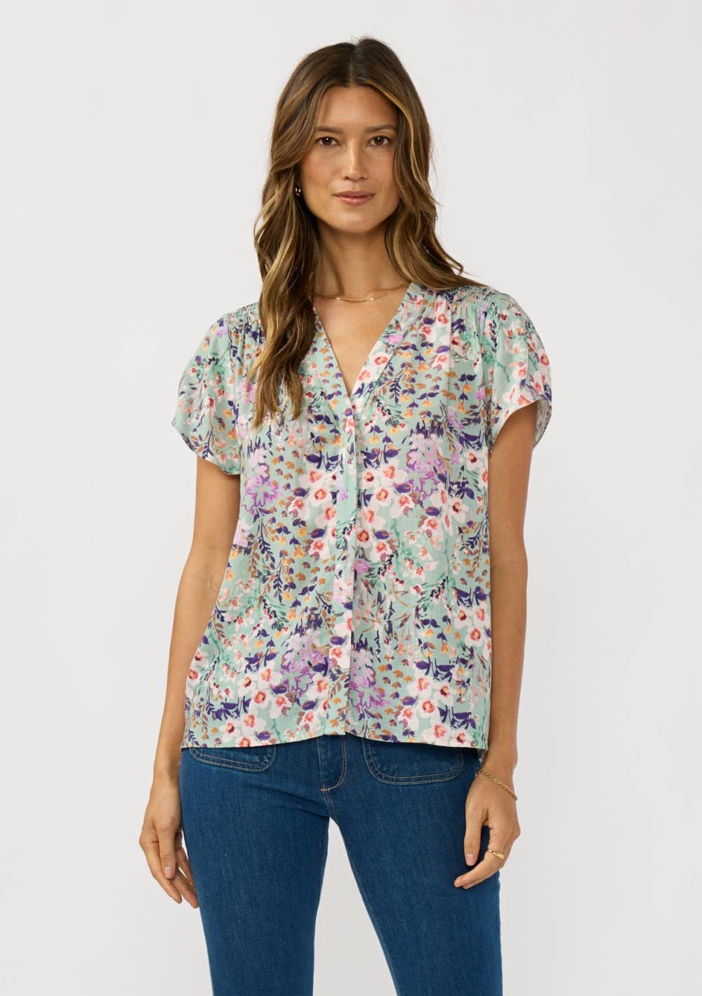 Flutter Sleeve Hidden Button Down Top