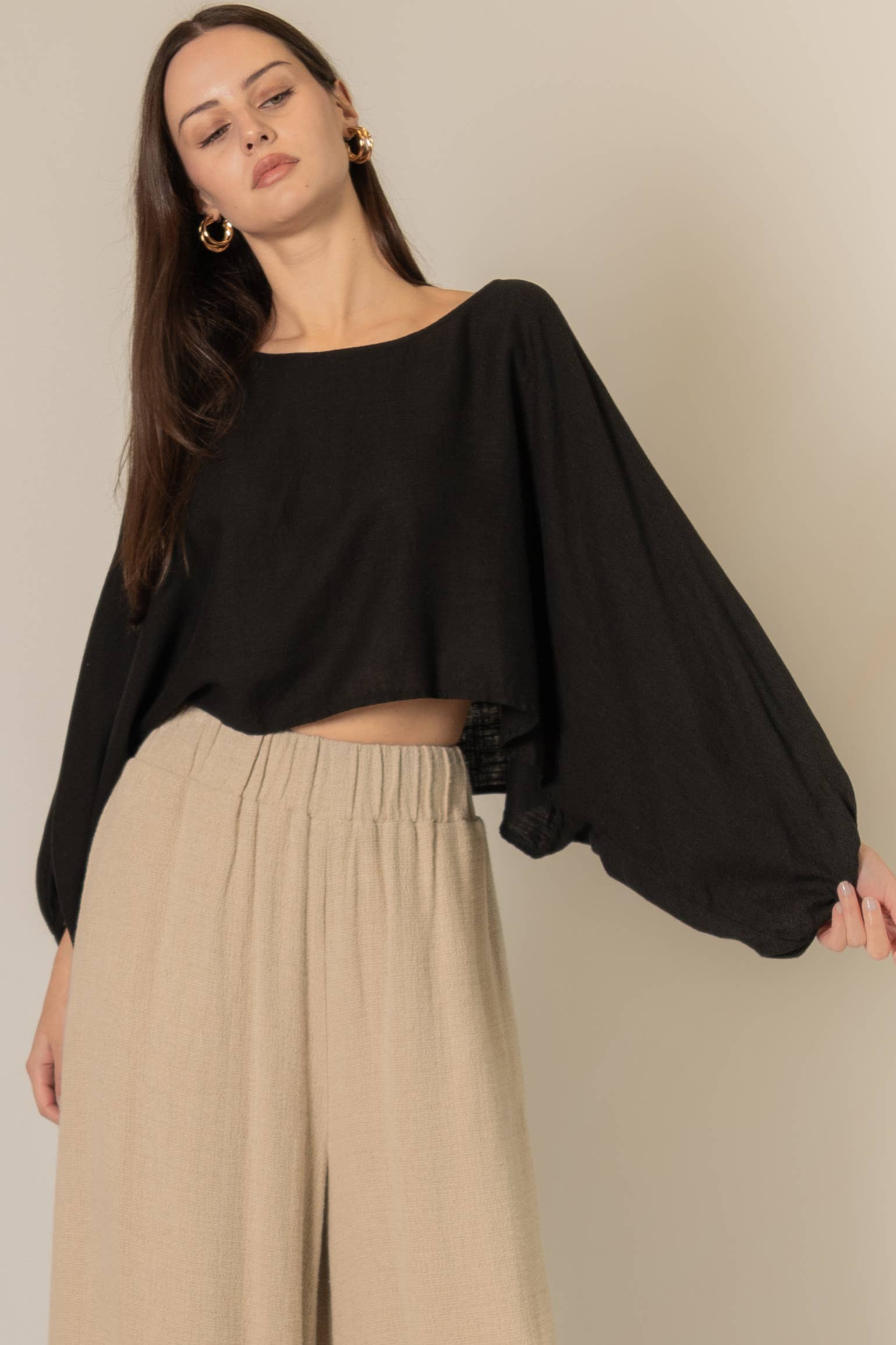 Cropped Linen Long Sleeve Black