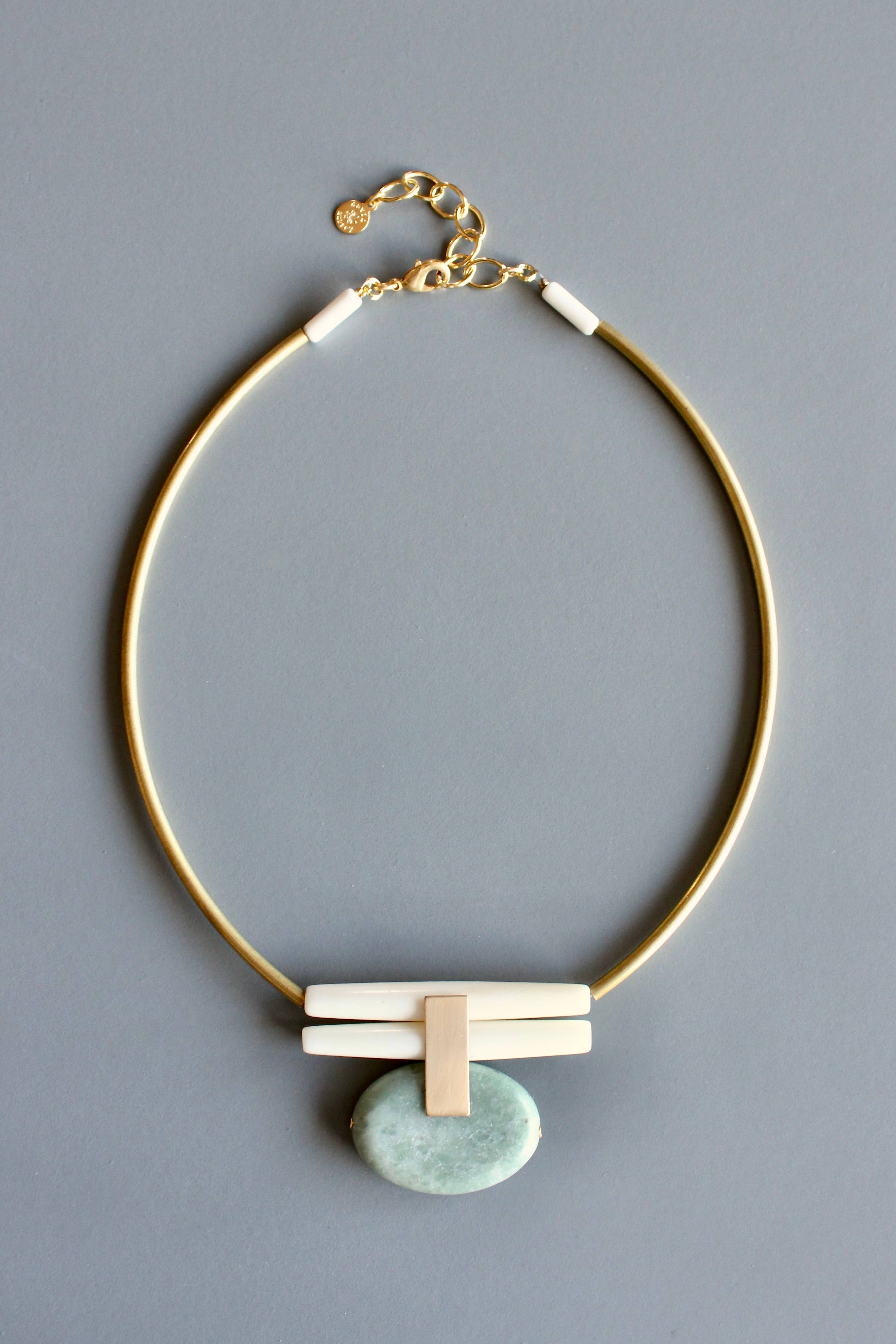 Green jasper and brass Ar tdeco necklace