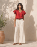 Ruffled Sleeve Cutwork V-Neck Blouse